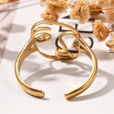 Hollow Human Face 304 Stainless Steel Open Cuff Rings for Women RJEW-M046-03G-1