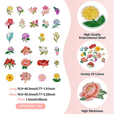 36Pcs Polyester Embroidery Cloth Iron On/Sew On Patches DIY-TA0013-07-1