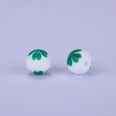Printed Round with Clover Pattern Silicone Focal Beads SI-JX0056A-178-1