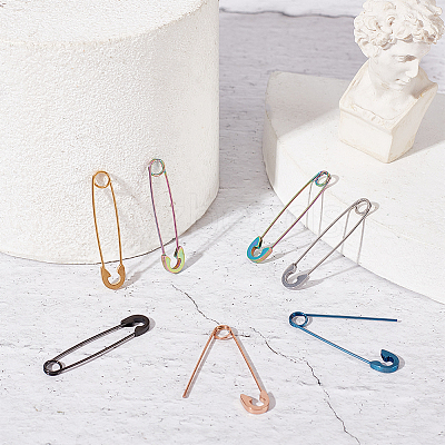 12Pcs 6 Colors 304 Stainless Steel Safety Pin Hoop Earrings for Women AJEW-UN0001-40-1
