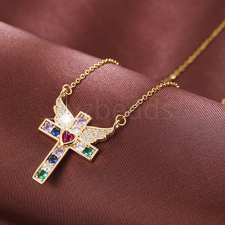 Brass Pave Colorful Cubic Zirconia Cross with Angel Wings Pendant Necklaces for Women WGF2102-01-1
