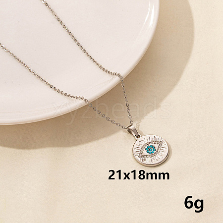 Stylish Stainless Steel Rhinestones Flat Round with Evil Eye Pendant Necklace QQ6499-5-1