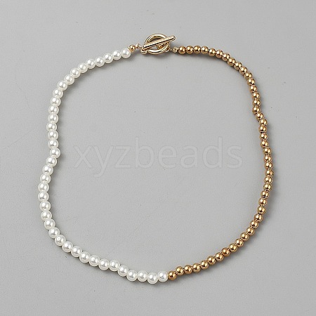 Alloy & Imitation Pearl Round Beaded Necklaces BJEW-WH0041-29G-1