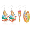 ANATTASOUL 2 Pair 2 Style Book & Brush & Palette Single Face Printed Wood Dangle Earrings EJEW-AN0002-74-1