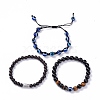 3Pcs 3 Style Natural Obsidian & Tiger Eye & Wood Stretch Bracelets Set BJEW-JB07622-2