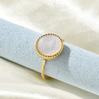 Flat Round 304 Stainless Steel White Shell Cuff Rings for Women RJEW-G346-10G-02-1