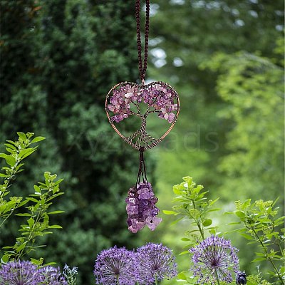 Wire Wrapped Chips Natural Amethyst Big Pendant Decorations HJEW-SZ0001-25A-1
