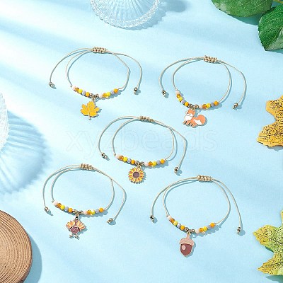 Thanksgiving Day Glass Beaded Braided Link Charm Bracelets BJEW-JB12560-1