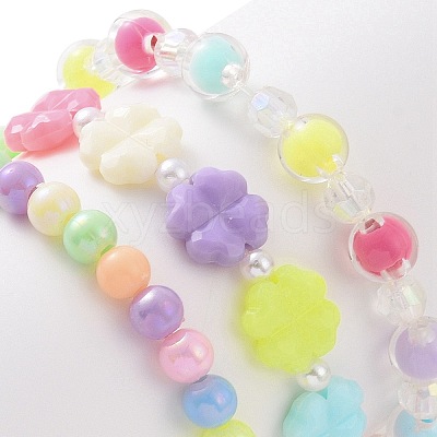 3Pcs 3 Style Acrylic Clover & Imitation Pearl Beaded Stretch Bracelets Set BJEW-JB09104-1