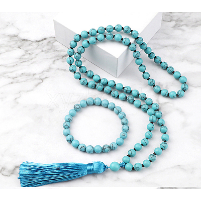 Synthetic Turquoise Round Beaded Pendant Necklaces & Bracelets Sets FS-WG9D102-12-1