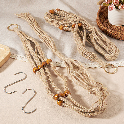 2Pcs Handmade Macrame Polyester with Wood Bead Plant Hanger AJEW-HS0001-47B-1