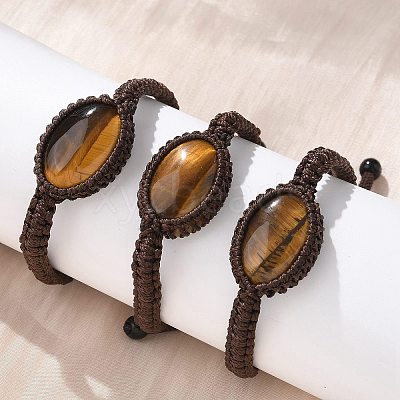 Adjustable Oval Natural Tiger Eye Braided Bead Bracelets BJEW-H626-02-10-1