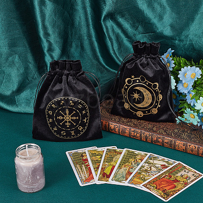 2Pcs 2 Styles Printed Velvet Drawstring Storage Bags for Tarot Card ABAG-CN0001-78-1