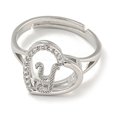 Heart with Letter Rack Plating Brass Micro Pave Cubic Zirconia Adjustable Rings for Women RJEW-I105-06P-Y-1
