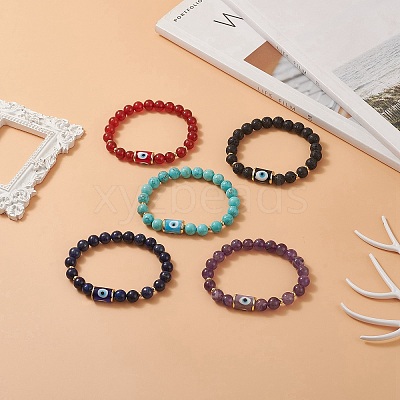 5Pcs 5 Style Natural & Synthetic Mixed Gemstone & Lampwork Evil Eye Beaded Stretch Bracelets Set for Women BJEW-TA00234-1