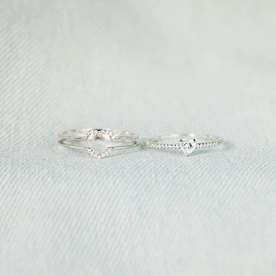 2Pcs Heart 925 Sterling Silver Micro Pave Clear Cubic Zirconia Finger Rings for Women FS-WG4005F-03-1