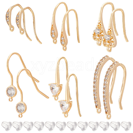 BENECREAT 12Pcs 6 Styles Brass Cubic Zirconia Earring Hooks KK-BC0010-16-1