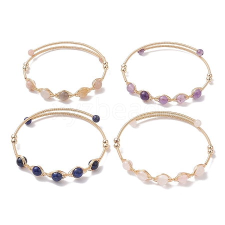 4Pcs 4 Style Natural Mixed Gemstone Round Beaded Cuff Bangles Set BJEW-JB10112-1