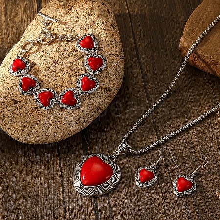 Gothic Style Heart Synthetic Turquoise Pendant Necklaces & Dangle Earring & Link Bracelets Sets FS-WG399DB-01-1