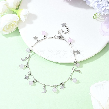 201 Stainless Steel Moon Star & Natural Dyed Malaysia Jade Round Charm Brass Bar Link Chain Anklets AJEW-AN00732-01-1