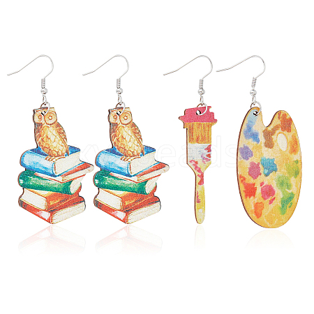 ANATTASOUL 2 Pair 2 Style Book & Brush & Palette Single Face Printed Wood Dangle Earrings EJEW-AN0002-74-1