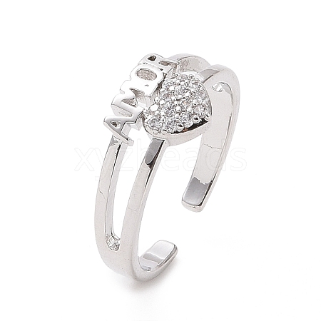 Clear Cubic Zirconia Heart with Word Amor Open Cuff Ring RJEW-I094-06P-1