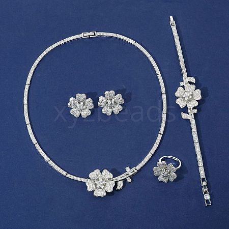 Flower Brass Micro Pave Cubic Zirconia Pendant Necklaces & Stud Earrings & Rings & Bracelets Sets WG9A1B1-01-1