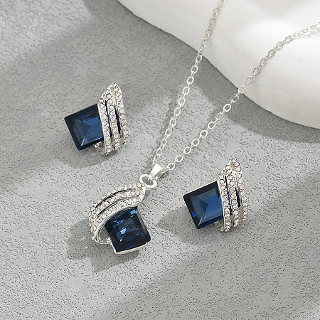 Rhombus Alloy Glass Pendant Necklaces & Stud Earrings Sets for Women FS-WG6EC9E-01-1