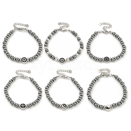 304 Stainless Steel & Synthetic Non-magnetic Hematite Round Beaded Bracelets for Women BJEW-G717-12-1