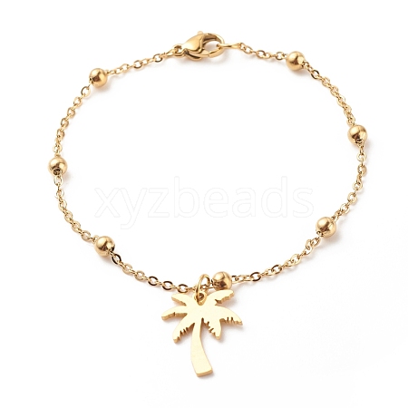 Ion Plating(IP) 201 Stainless Steel Coconut Tree Charm Bracelet with 304 Stainless Steel Satellite Chains for Women BJEW-E111-06G-1