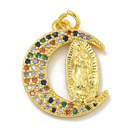 Virgin Mary Theme Rack Plating Brass Micro Pave Cubic Zirconia Pendants KK-C074-70G-01-1