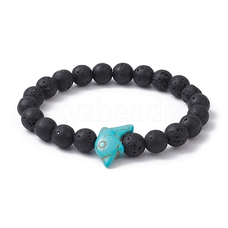 Synthetic Turquoise Dolphin & Lava Rock Beaded Stretch Bracelet BJEW-JB09838-02-1