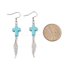 Synthetic Turquoise Cross with Alloy Feather Dangle Earrings EJEW-TA00150-4