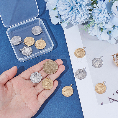 12Pcs 2 Colors 304 Stainless Steel Coin Pendants STAS-UN0064-48-1