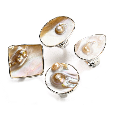 Freshwater Shell with Pearl Adjustable Finger Rings for Girl Women AJEW-Z010-03-1