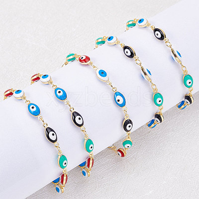 Brass Enamel Evil Eye Link Bracelets BJEW-NB0001-03-1