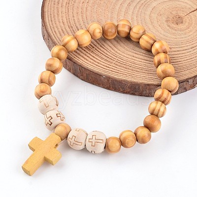 Cross Wood Beaded Stretch Charm Bracelets X-BJEW-JB02220-1