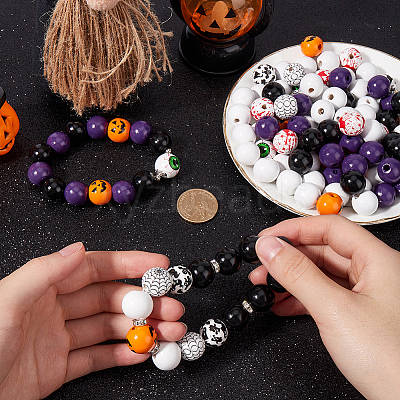 210Pcs 8 Styles Halloween Theme Printed Natural Wooden Beads WOOD-SP0001-07-1