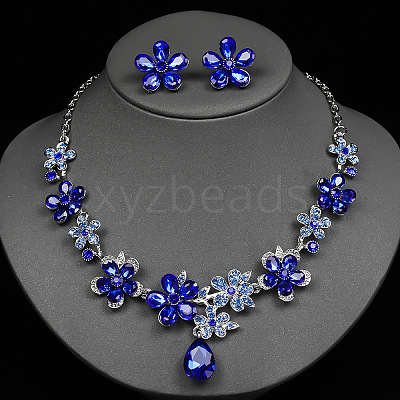 Flower & Teardrop Alloy Glass Stud Earring & Pendant Necklaces Sets for Women FS-WG5A09D-03-1
