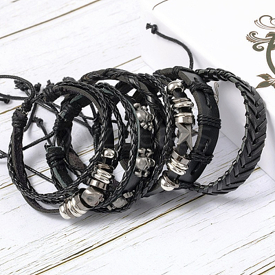 6Pcs 6 Styles PU Imitation Leather Braided Bracelets BJEW-CL0001-52-1