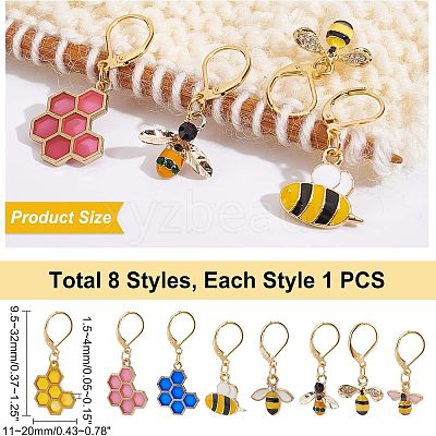 8Pcs 8 Style Bee & Honeycomb Dangle Leverback Earrings for Women HJEW-NB0001-36-1