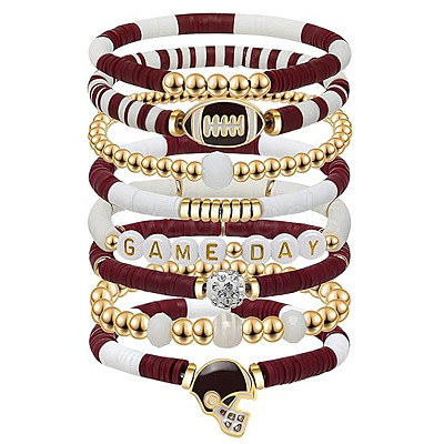 7Pcs Rugby Polymer Clay Heishi & CCB Plastic Beaded Stretch Bracelets Set FS-WGC7825-05-1