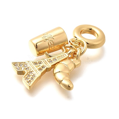 Brass Clear Cubic Zirconia Croissant & Cup & Eiffel Tower European Dangle Charms KK-U048-20G-1