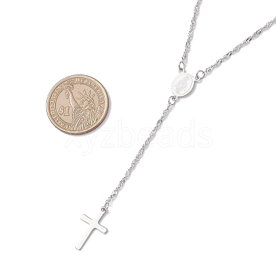 201 Stainless Steel Virgin Cross Pendant 304 Stainless Steel Singapore Chain Rosary Bead Necklaces for Women Men NJEW-JN05436-1