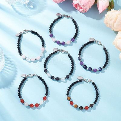 6Pcs 6 Colors Natural & Synthetic Gemstone & Glass Round Beaded Bracelets for Women BJEW-JB12210-1