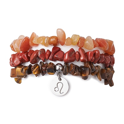 3Pcs 3 Styles Natural Red Aventurine & Red Jasper & Tiger Eye Chips Stretch Bracelets Sets BJEW-JB11076-07-1