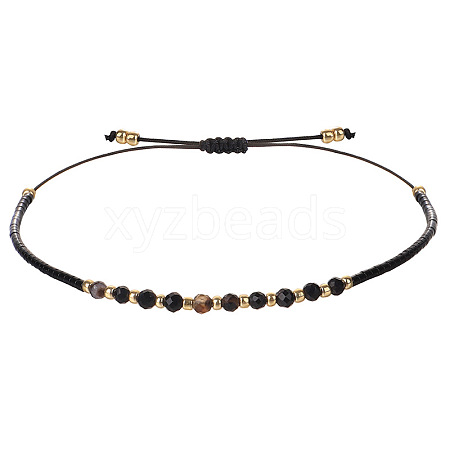 2mm Faceted Natural Black Agate Beaded Braided Adjustable Bracelets for Women PF2854-7-1