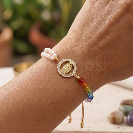 Brass Religion Virgin Link Colorful Glass and Seed Bead Adjustable Braided Bracelets for Women UM5876-1