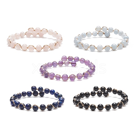 5Pcs 5 Style Natural Mixed Gemstone Round Beaded Cuff Bangles Set BJEW-JB09011-1