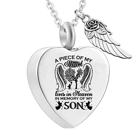 Stainless Steel Heart & Feather Pendant Urn Ashes Necklaces PW-WG6E859-05-1